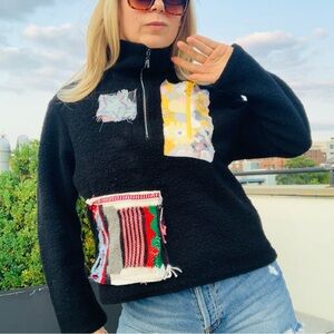 Italian Artsy Black Patchwork Turtleneck Sweater Modern Art